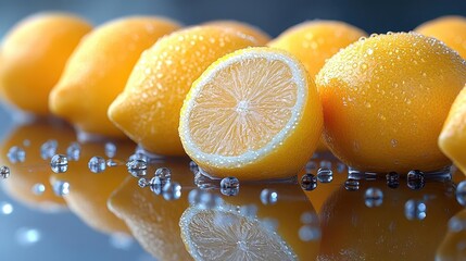 macro photograph of vibrant yellow lemons with glistening water droplets arranged artfully on a reflective surface with dramatic lighting