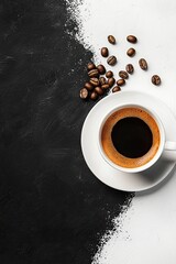 Coffee cup and coffee beans on black and white background. Top view with copy space