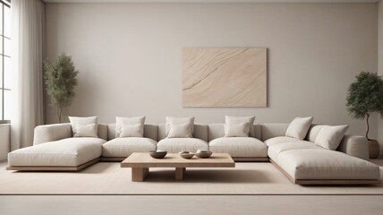 A minimalist living room with oversized, low-profile furniture and a neutral color palette. The space is accented with natural textures like wood and stone, Generative AI