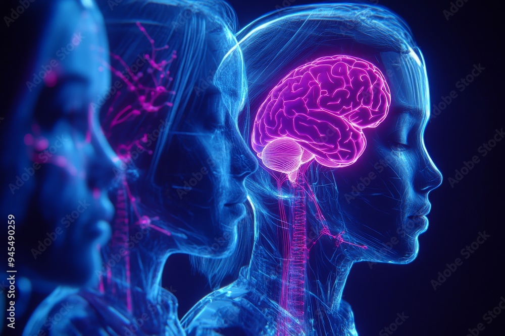 Poster futuristic portrait of multiple female figures with brain illustrations depicting cognitive connecti