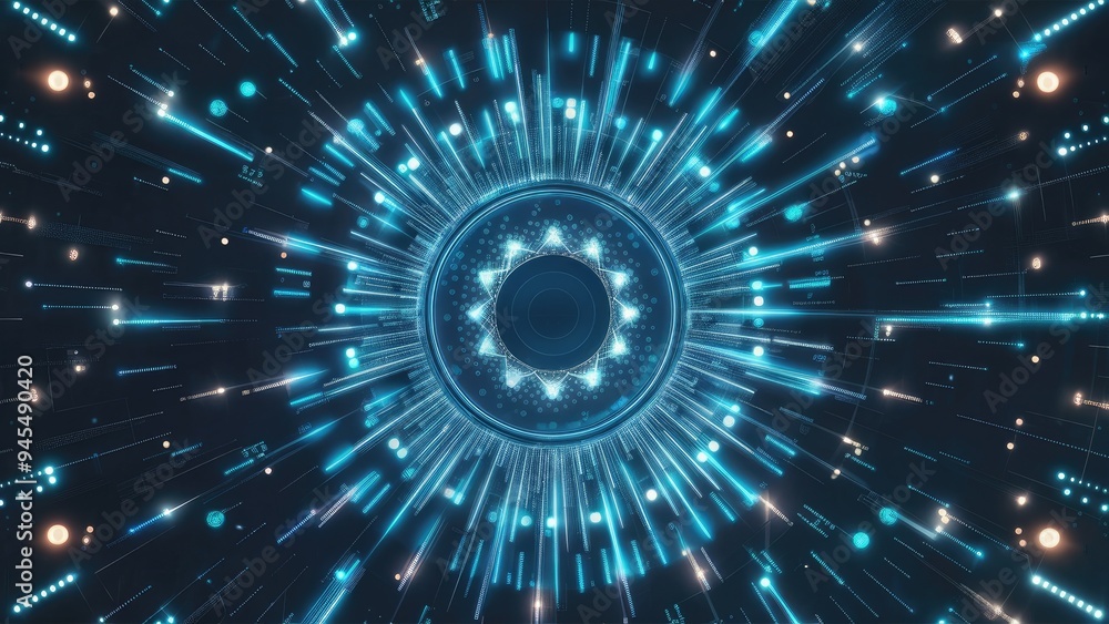 Poster vibrant abstract blue digital backdrop featuring luminous dots and complex patterns