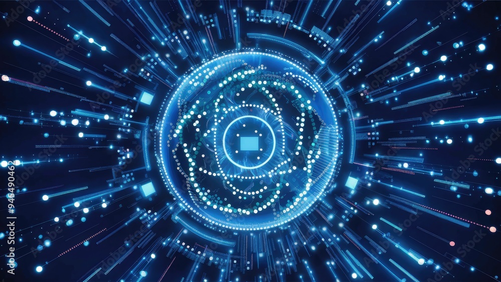 Poster vibrant abstract blue digital backdrop featuring luminous dots and complex patterns