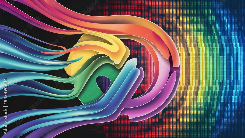 Poster vibrant abstract symbol representing diversity, with flowing rainbow waves set against a colorful di