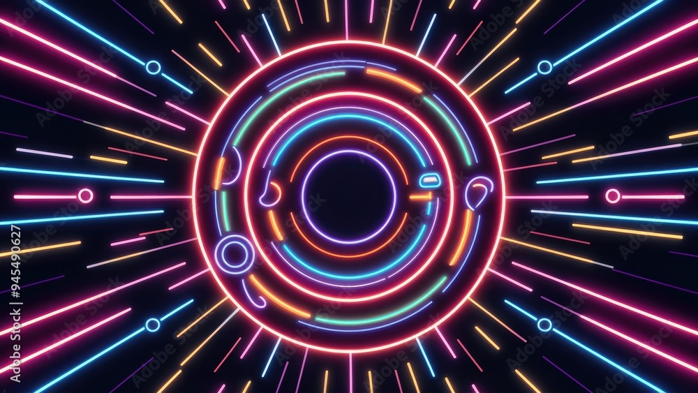 Poster vibrant abstract neon circle looping background. futuristic interface search process. concept of rad
