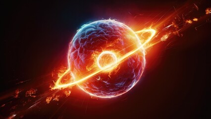 Obraz premium Vibrant energy sphere against a dark backdrop. Fiery gas cluster with a luminous core. Colorful planetary orb radiating bright, intense light. Close-up view of a glowing nano sphere.