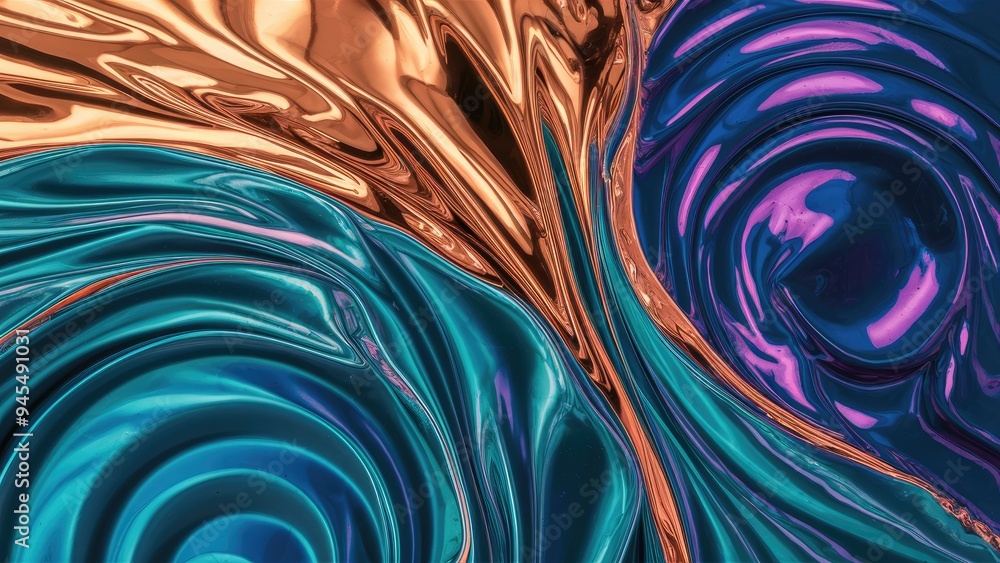 Poster vibrant liquid creating circular ripples. aesthetic surface waves of colored fluid. shimmering metal