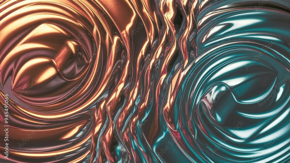 Poster vibrant liquid creating circular ripples. aesthetic surface waves of colored fluid. shimmering metal
