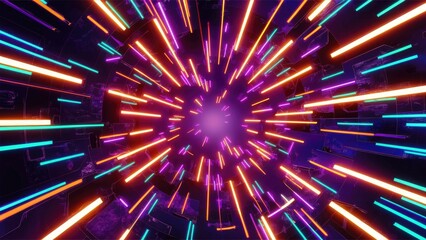 Vibrant neon abstract background featuring glowing wires. Dynamic design with a magical open space. Panoramic view of advanced technology concept and luminous abstract visuals.