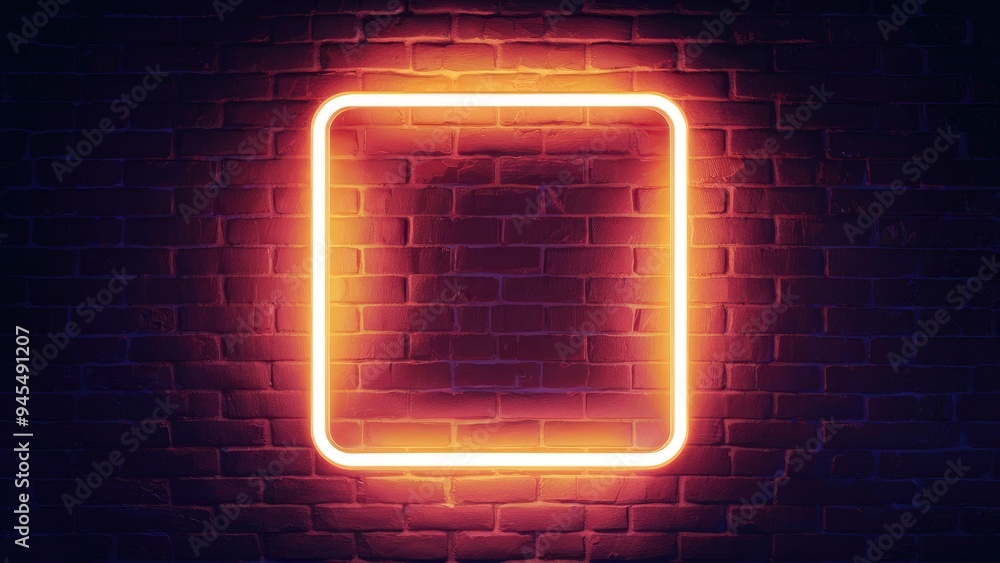 Wall mural vibrant orange square frame with neon lighting on a dark backdrop, 4k illustration.