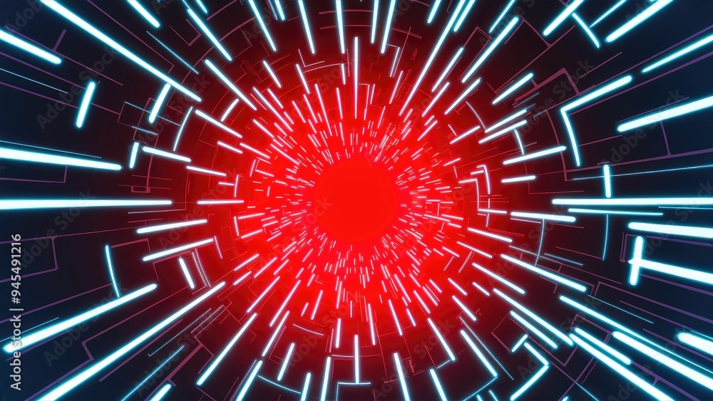 Poster vibrant particle lines in motion, futuristic tunnel effect with grid patterns. ideal for events, des