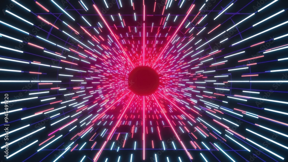 Poster vibrant particle lines in motion, futuristic tunnel effect with grid patterns. ideal for events, des