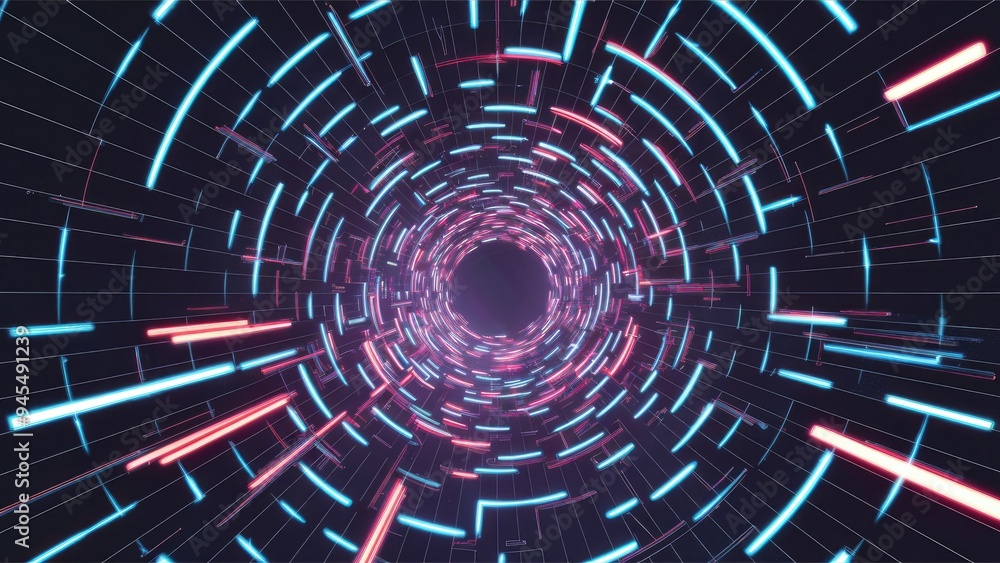 Poster vibrant particle lines in motion, futuristic tunnel effect with grid patterns. ideal for events, des