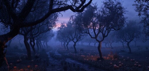 Spooky, misty forest at twilight with pumpkins scattered on the ground, creating an eerie Halloween atmosphere.