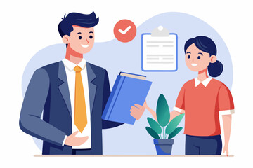 Employee handbook, manual for onboarding new staff, procedure or rule for welcome new hire to know company, business manual for success concept, businessman hand holding handbook with new employees.
