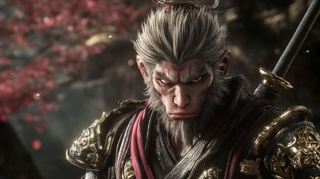 Sun Wukong, the Monkey King, wearing golden armor and sporting spiky hair, rendered in realistic CGI, standing against a dark background with detailed textures and lifelike features.