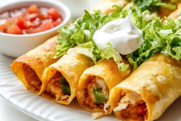 A plate of crispy taquitos topped with lettuce, sour cream, and served with salsa.