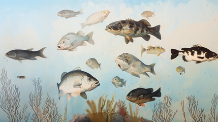 Fototapeta premium A painting of many different colored fish swimming in a body of water. Concept ocean pollution