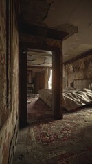 Fototapeta premium Abandoned bedroom with vintage wallpaper, worn carpet, and sunlight filtering through the windows, creating a haunting atmosphere.