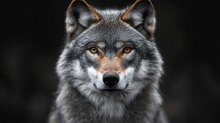 Fototapeta premium majestic adult wolf portrait set against deep black background piercing eyes and detailed fur texture create a captivating mysterious atmosphere showcasing wild beauty