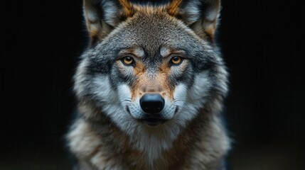 Obraz premium majestic adult wolf portrait set against deep black background piercing eyes and detailed fur texture create a captivating mysterious atmosphere showcasing wild beauty