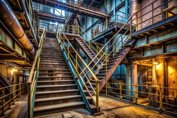 Rusted metal stairs with worn treads and railings ascend through a dimly lit industrial factory,...