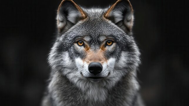 majestic adult wolf portrait set against deep black background piercing eyes and detailed fur texture create a captivating mysterious atmosphere showcasing wild beauty