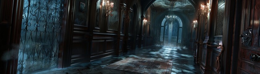 Fototapeta premium Dark, eerie hallway in an abandoned mansion with dim lighting and a mysterious atmosphere, perfect for horror or suspense themes.