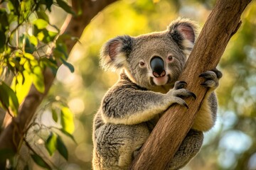 Fototapeta premium A playful koala hangs on a tree branch under soft sunlight. This adorable creature captures the essence of wildlife. Nature photographers will love this image. Generative AI