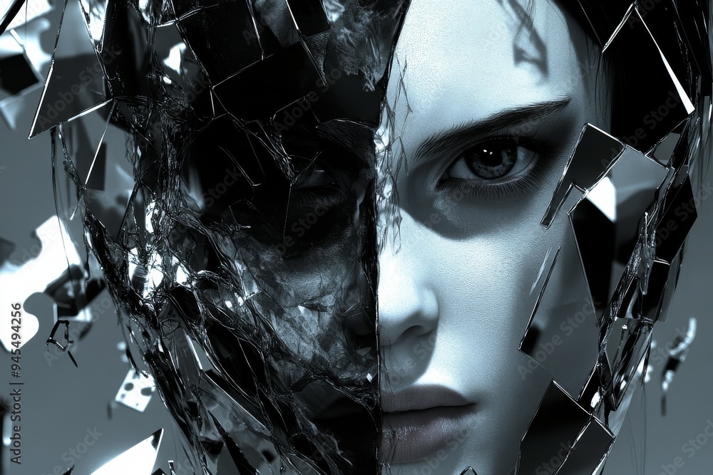 Poster shattered mirror effect on a female cyborgs face reflecting the fragmentation of identity in a digit