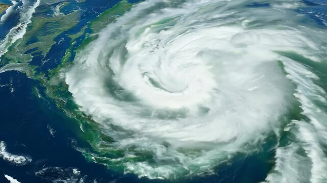 Hurricane Storm approaches the coastline, showcasing powerful winds and heavy clouds