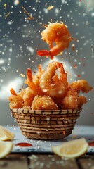Crispy Shrimp Tempura Bursting Energetically from a Bamboo Basket