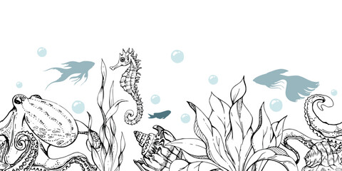 Marine life, sea ocean underwater creatures fish, shells algae seaweed, Ink and pen sketch hand drawn. Seamless banner illustration, stylized, isolated on white. For zoo shop, aquarium, fabric decor © Elena
