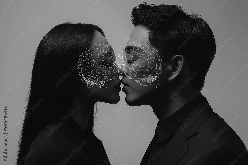 Poster black and white portrait of a couple with visible neural networks on their faces symbolizing emotion