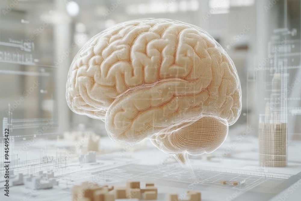 Poster futuristic visualization of a brain in a sterile laboratory environment representing advances in neu