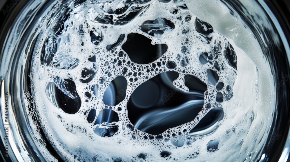 Poster this image captures a close-up view of soap bubbles in swirling water, showing the intricate and mes