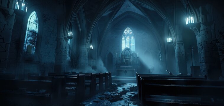 Eerie and dark interior of an abandoned Gothic church with broken pews, illuminated by soft blue light through stained glass windows.