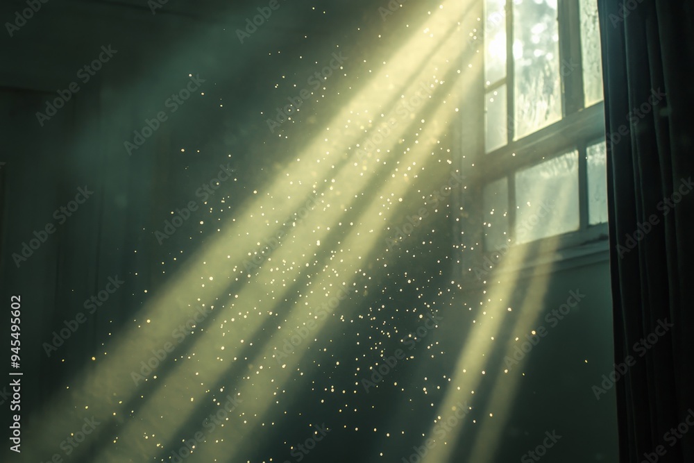 Poster Sunlight streams through a window, illuminating floating dust particles in the air, creating a serene and mesmerizing atmosphere with a warm, glowing ambiance.