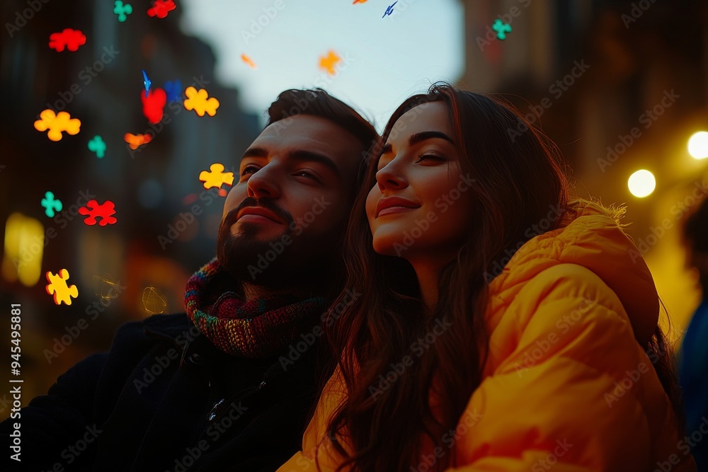 Aufkleber vibrant image of a young couple with colorful puzzle pieces falling around them symbolizing joy comp