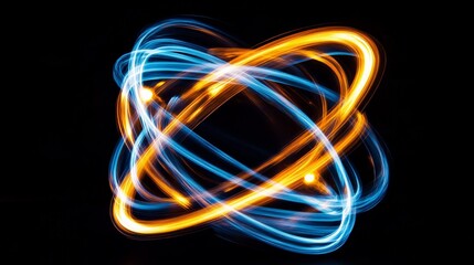This image features a fantastical representation of an atomic structure highlighted by vibrant blue and orange lights swirling in an intricate dance, evoking wonder and curiosity.