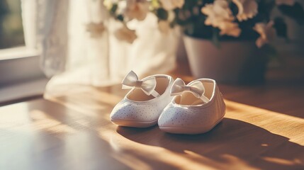 A minimalistic shot of white baby shoes with small bows, elegantly displayed on a wooden table, with natural light creating soft shadows.