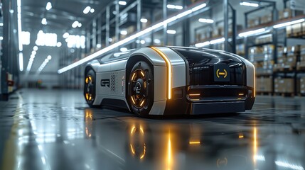 The futurist electric warehouse AGV pallet transport, future technology, strong, Future technology of automated robot in distribution logistics center. Generative AI.