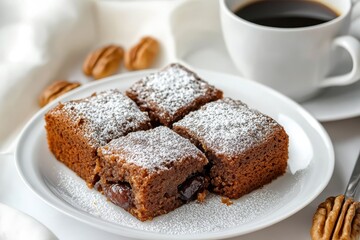 A plate of chocolate cake squares dusted with powdered sugar, served with a cup of coffee.