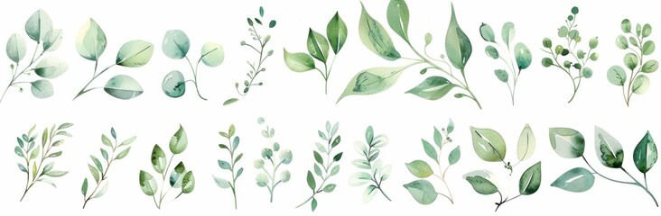 Watercolor illustration of various green leaves arranged harmoniously on a white background