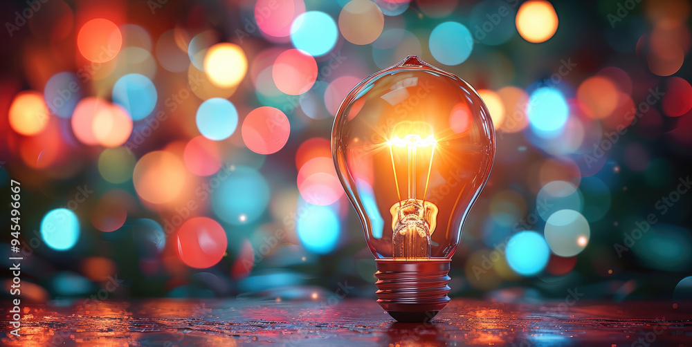 Poster a glowing light bulb on a blurred background of colorful lights and bokeh. generative ai.