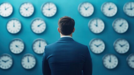 A businessman stands before a wall of clocks, reflecting on time management and the importance of punctuality in modern life.