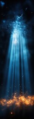 A serene light beam cascades through a dark space, illuminating golden particles scattered below, creating a magical atmosphere.