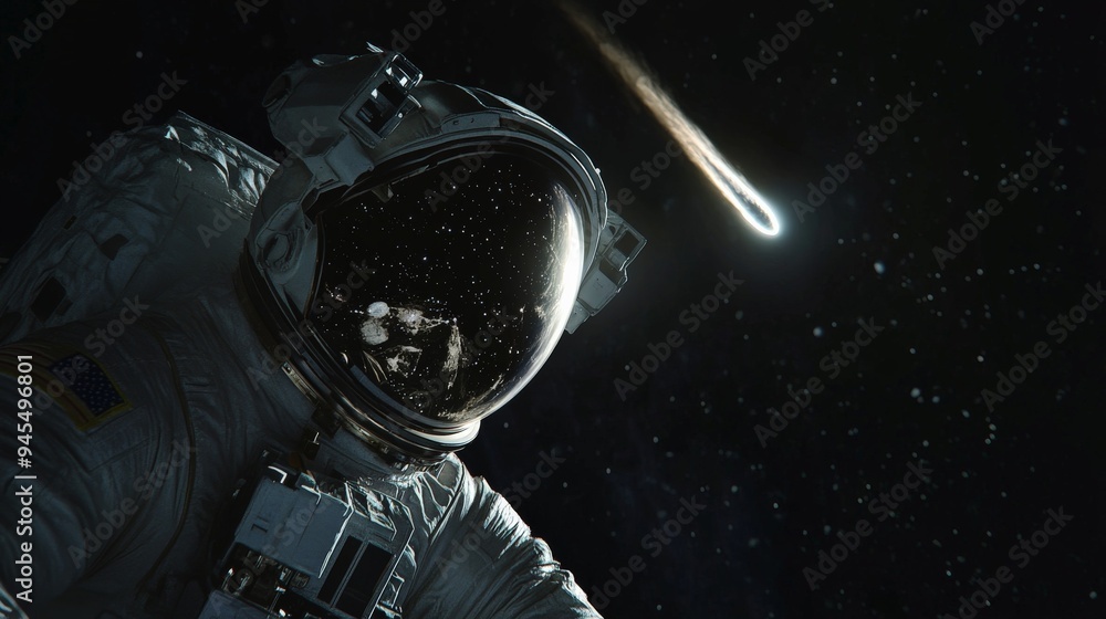 Poster An astronaut in a spacesuit is observing a bright meteor streaking through the dark and starry space, showcasing the vastness and beauty of the universe.