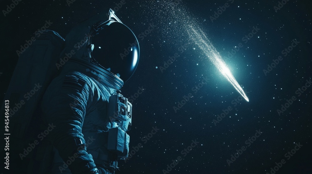 Poster A lone astronaut in a spacesuit floating in deep space, gazing at a radiant comet streaming through the dark universe, symbolizing exploration and the wonders of space.