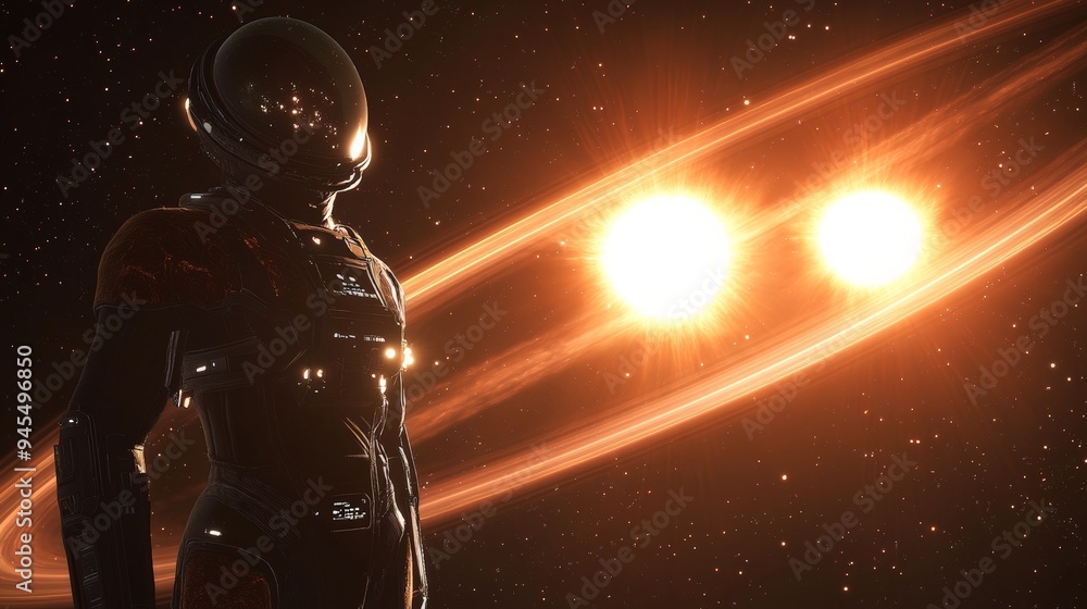 Poster an astronaut stands near two massive, bright light sources with visible orbital rings, symbolizing e