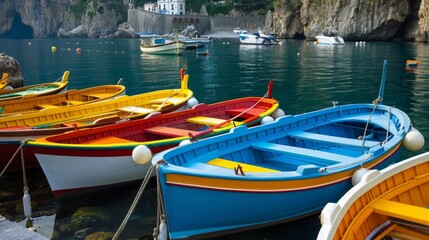 Obraz premium picturesque view of vibrant, colorful boats docked in a calm harbor,